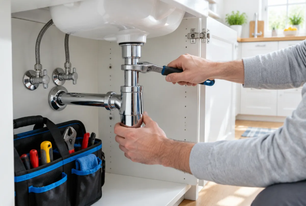 Installateur bei der Reparatur unter dem Waschbecken (Beispielbild)