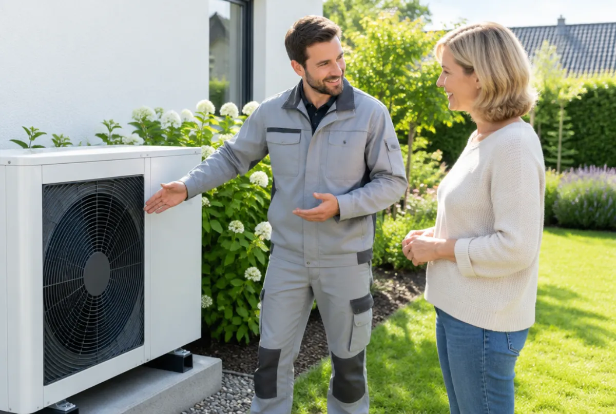 Monteur erklärt einer Kundin die neue Wärmepumpe (Beispielbild)